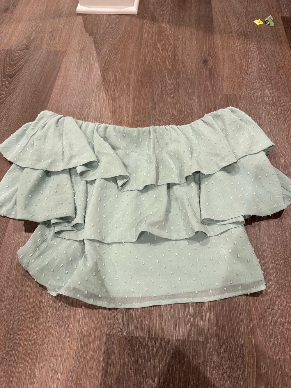 Wayf Mint Green Ruffle Off-Shoulder Crop Top